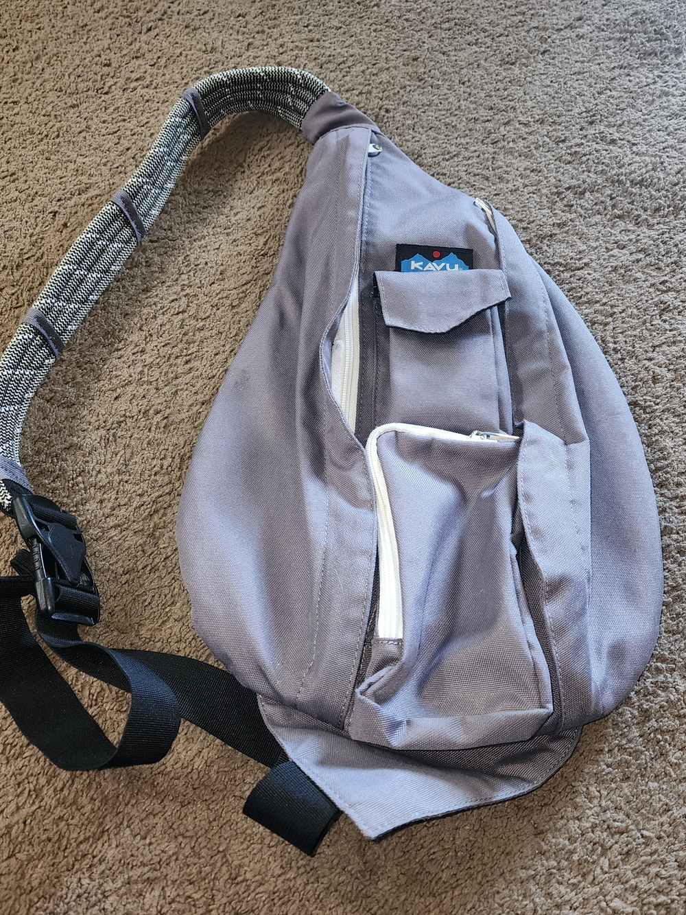 Kavu Light Gray Sling Belt Bag with Patterned Strap